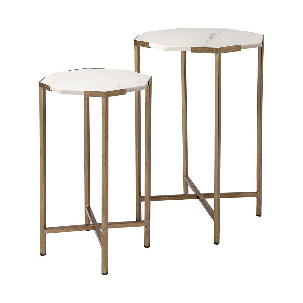 Set of 2 White Marble and Iron Hexagonal Top Side Tables. Picture 1