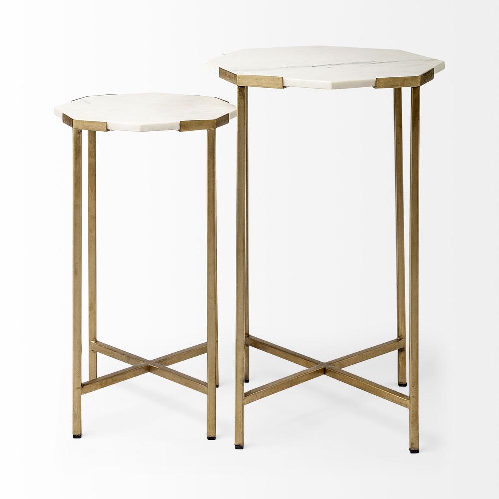 Set of 2 White Marble and Iron Hexagonal Top Side Tables. Picture 2