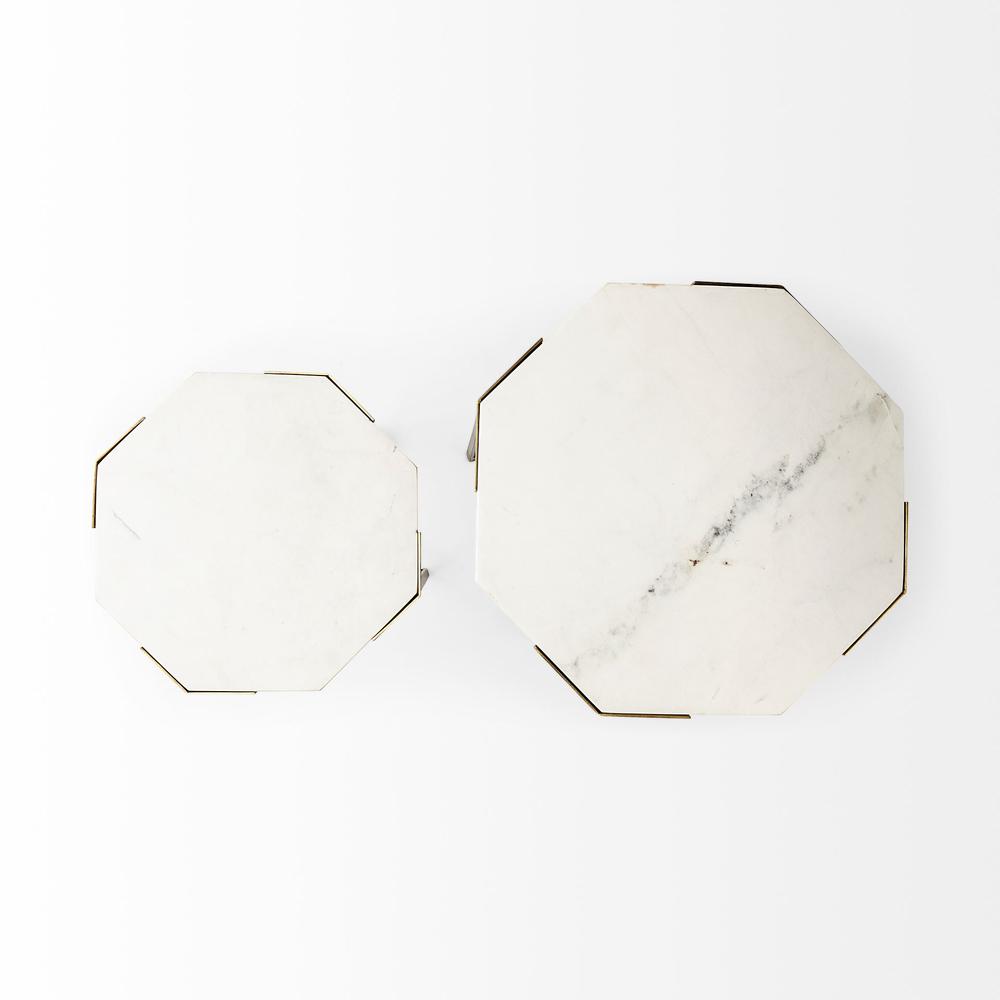 Set of 2 White Marble and Iron Hexagonal Top Side Tables. Picture 3