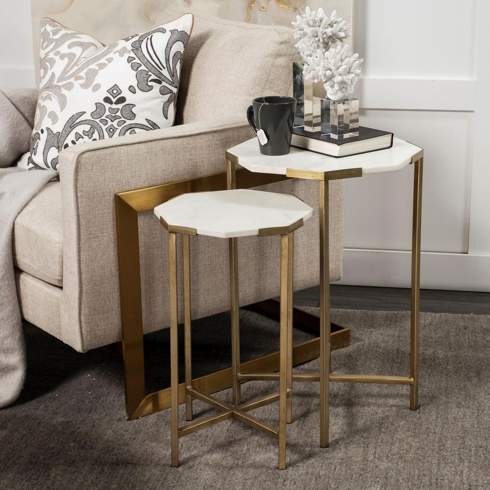 Set of 2 White Marble and Iron Hexagonal Top Side Tables. Picture 6