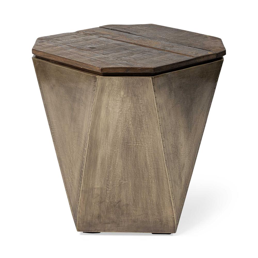 Brass and Natural Wood Side Table with Hexagonal Hinged-Top. Picture 1