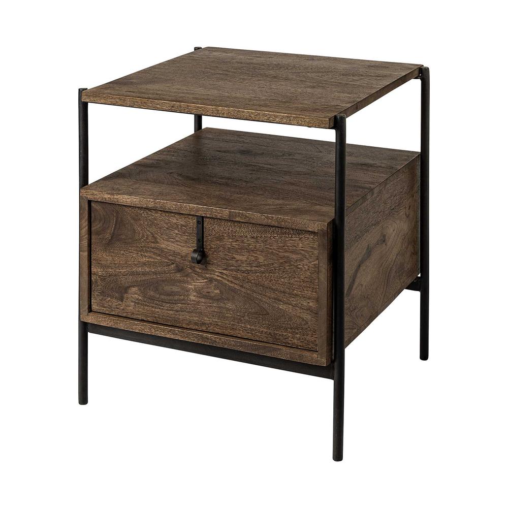 Square Top End Table with Dark Brown Wood and Iron Black Frame. Picture 1