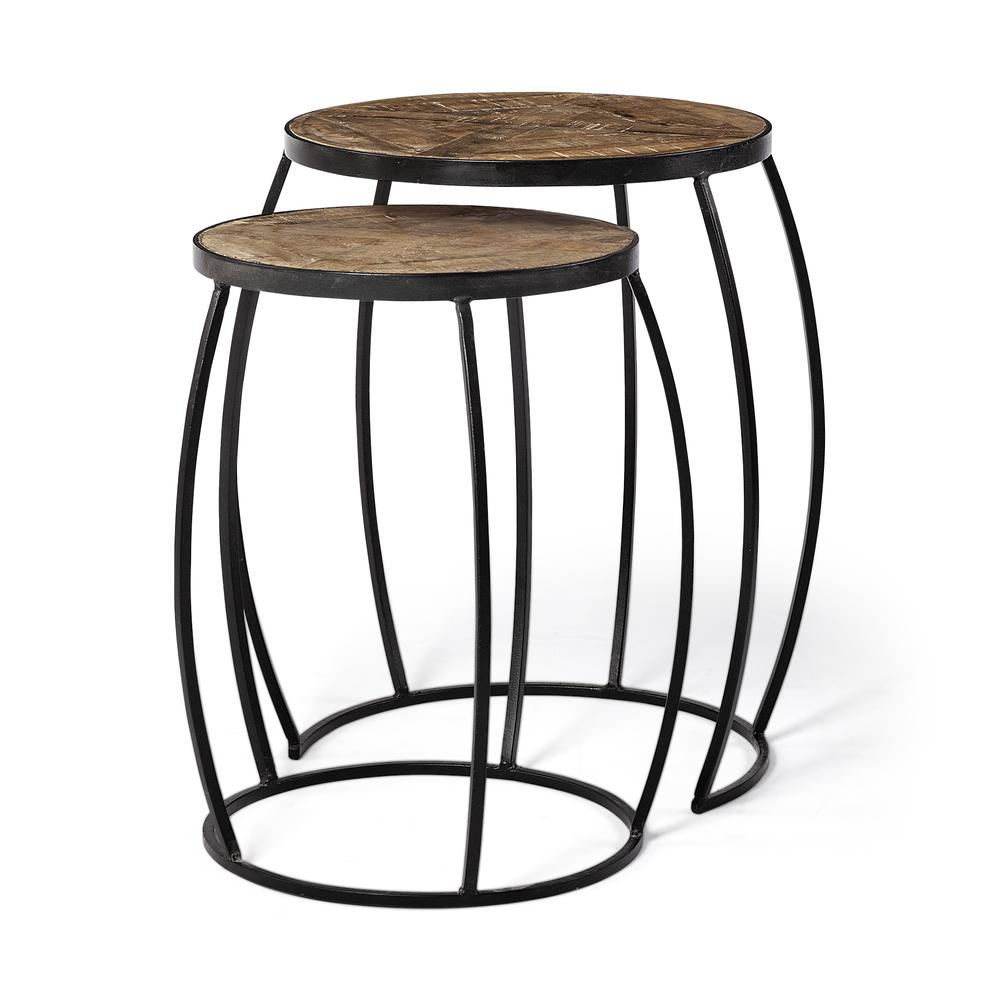 Set of 2 Brown Wooden Round Top Accent Tables with Black Metal Frame Nesting - 380680. Picture 1