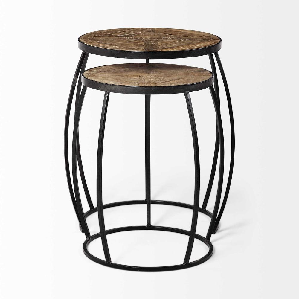 Set of 2 Brown Wooden Round Top Accent Tables with Black Metal Frame Nesting - 380680. Picture 2