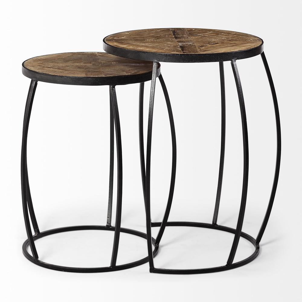 Set of 2 Brown Wooden Round Top Accent Tables with Black Metal Frame Nesting - 380680. Picture 3
