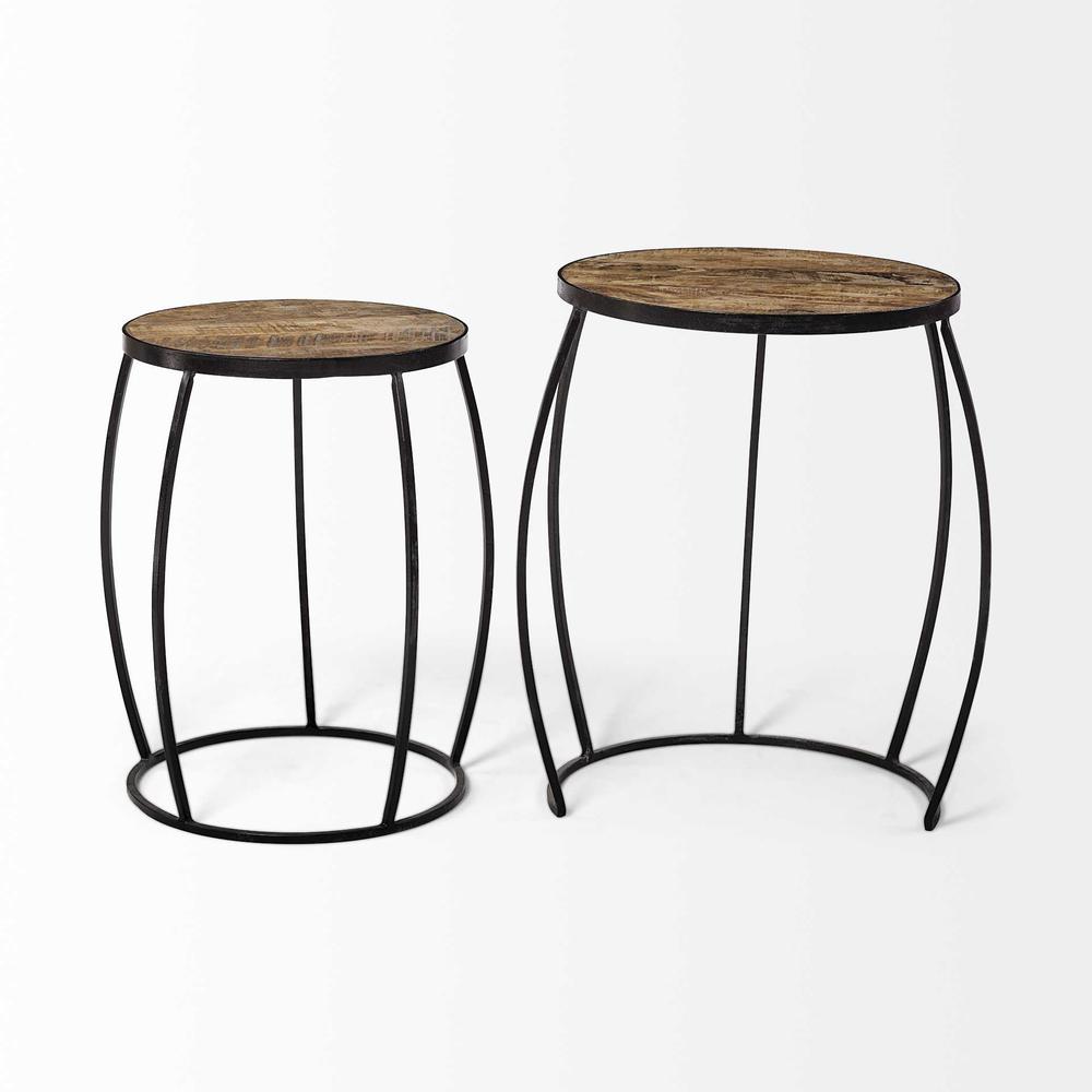 Set of 2 Brown Wooden Round Top Accent Tables with Black Metal Frame Nesting - 380680. Picture 5