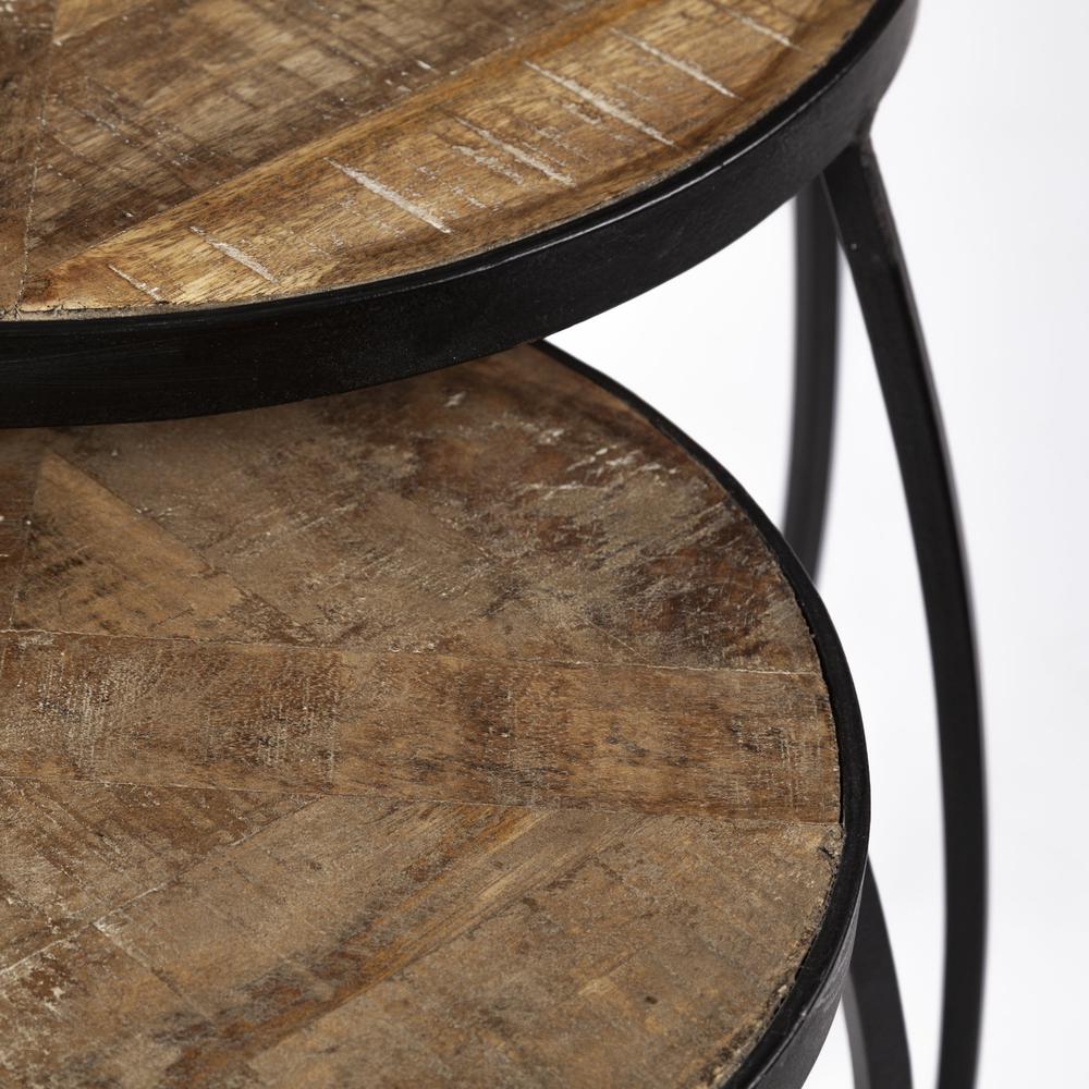 Set of 2 Brown Wooden Round Top Accent Tables with Black Metal Frame Nesting - 380680. Picture 7