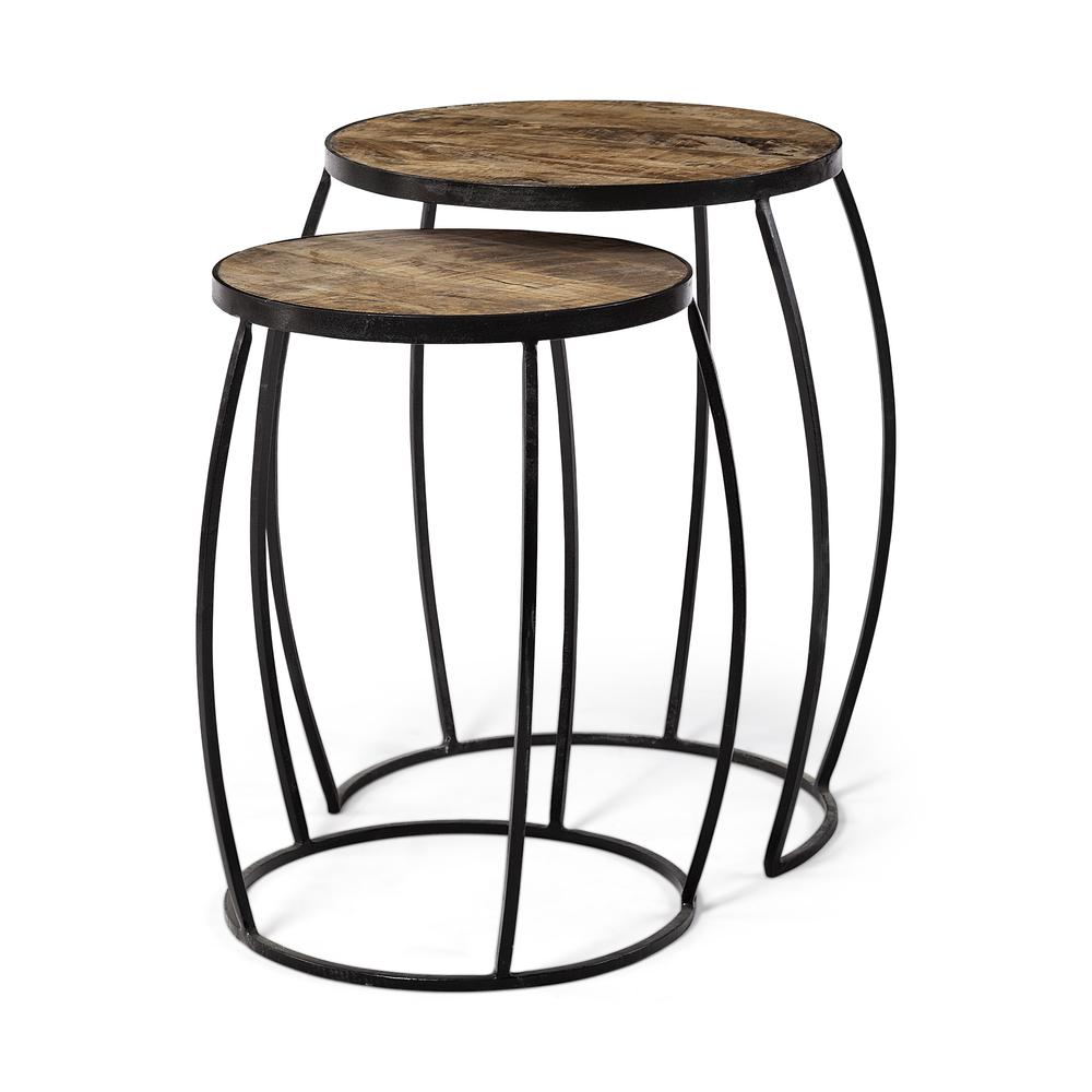 Set of 2 Medium Brown Wooden Round Top Accent Tables with Black Metal Frame Nesting Tables - 380681. Picture 1