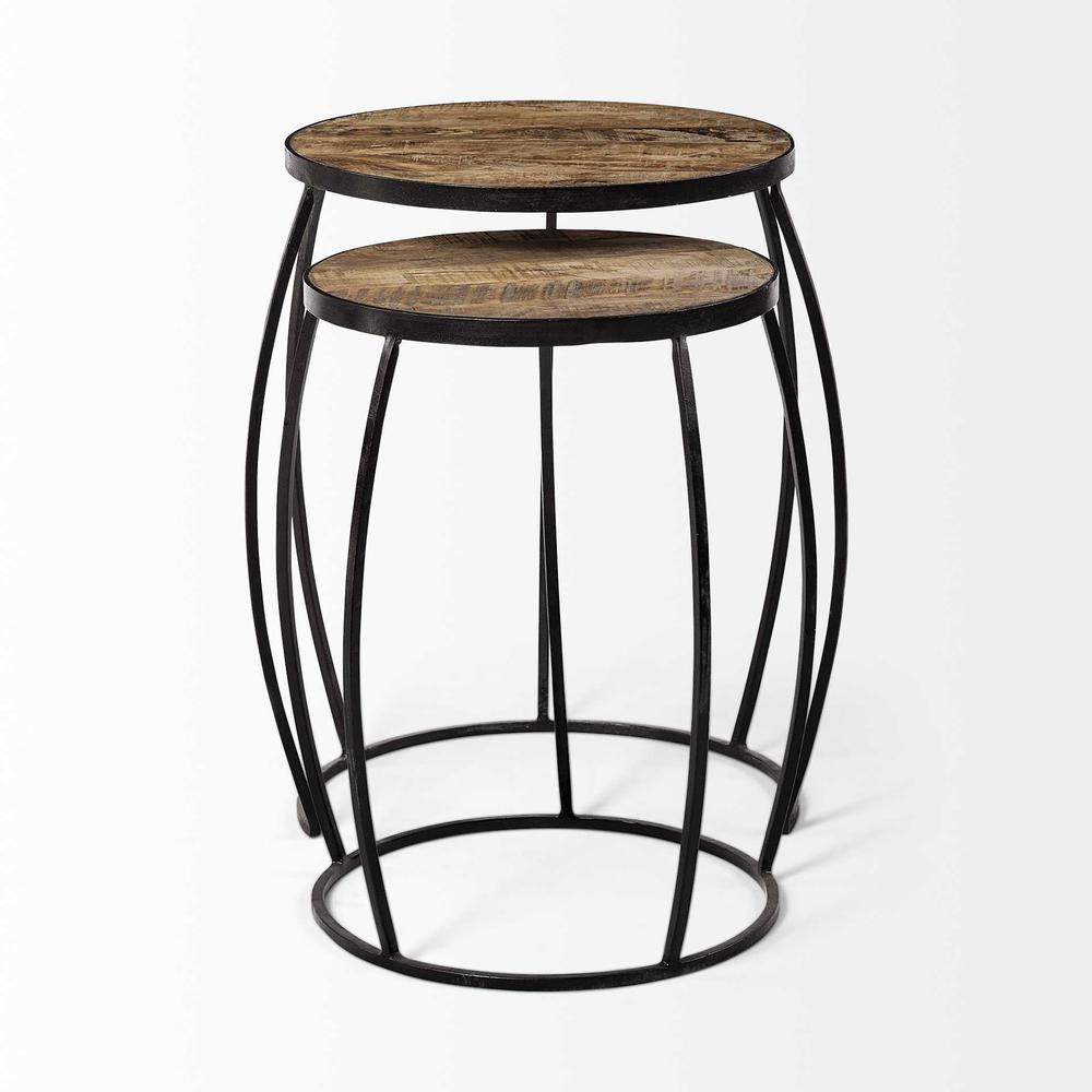 Set of 2 Medium Brown Wooden Round Top Accent Tables with Black Metal Frame Nesting Tables - 380681. Picture 2