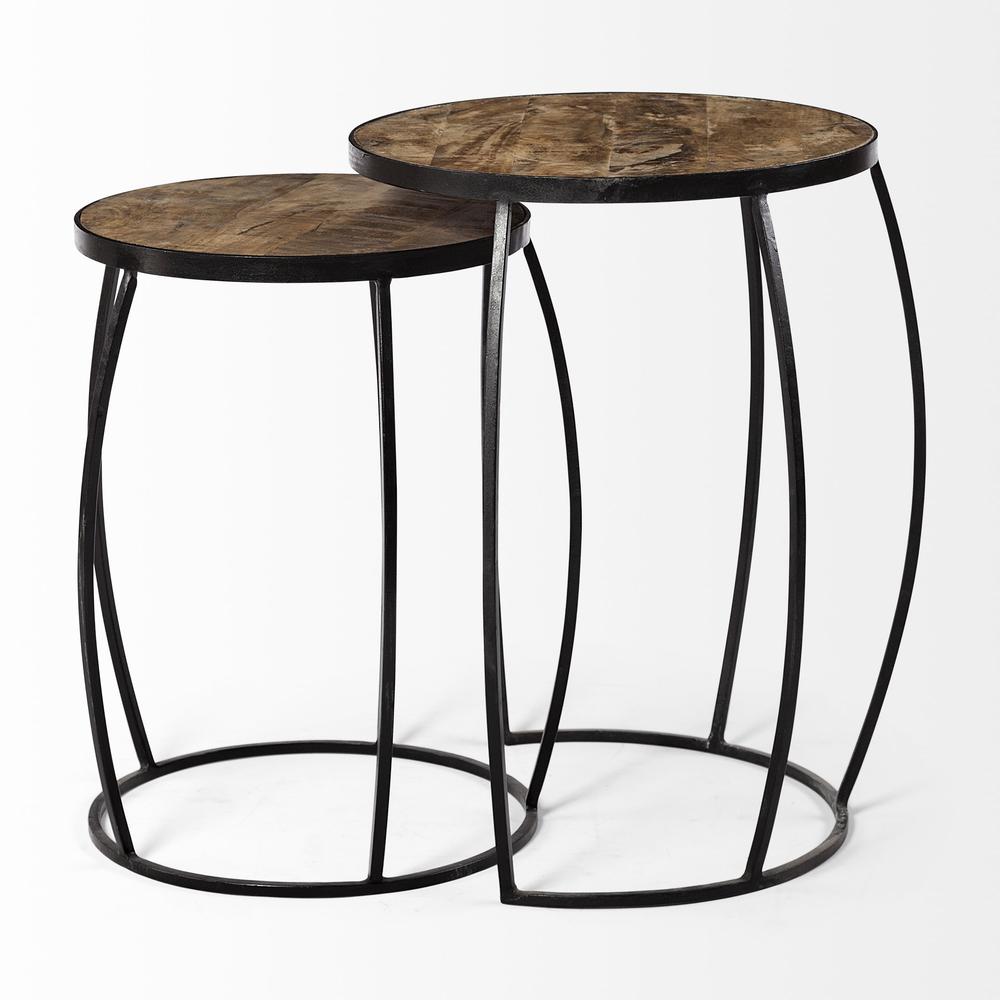 Set of 2 Medium Brown Wooden Round Top Accent Tables with Black Metal Frame Nesting Tables - 380681. Picture 3