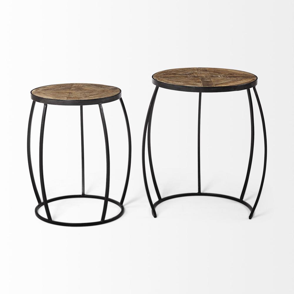Set of 2 Medium Brown Wooden Round Top Accent Tables with Black Metal Frame Nesting Tables - 380681. Picture 4