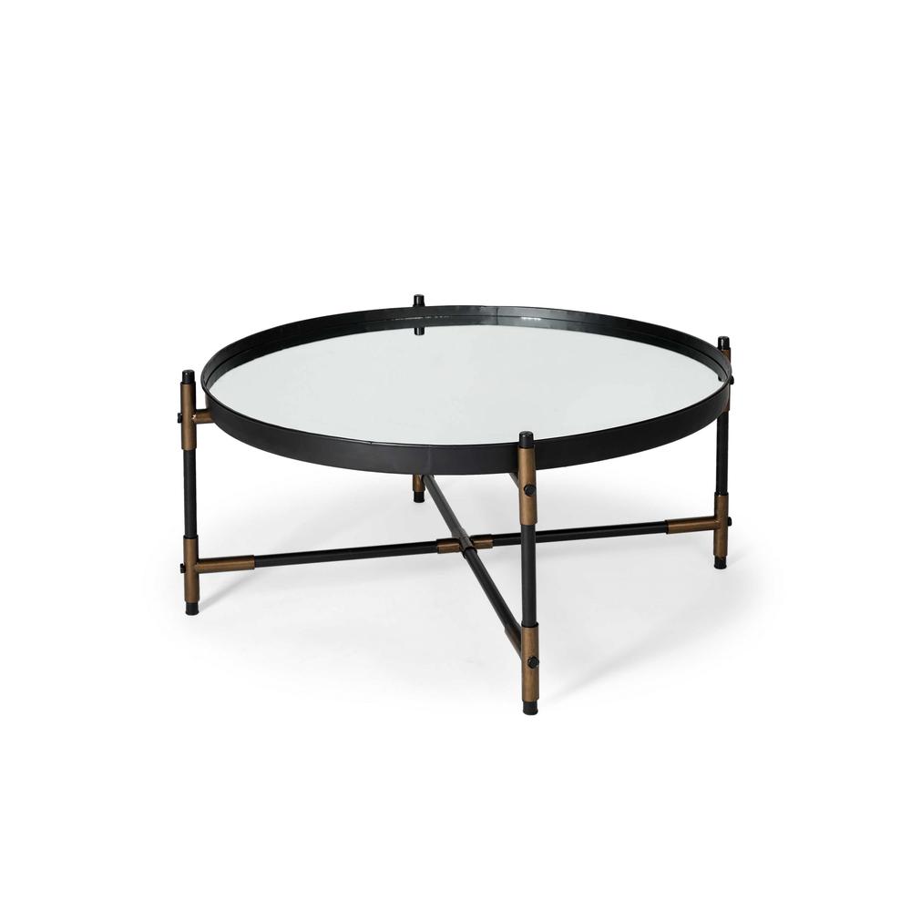 Round Mirrored Top Accent Table with Black and Brass Metal Base - 380685. Picture 1