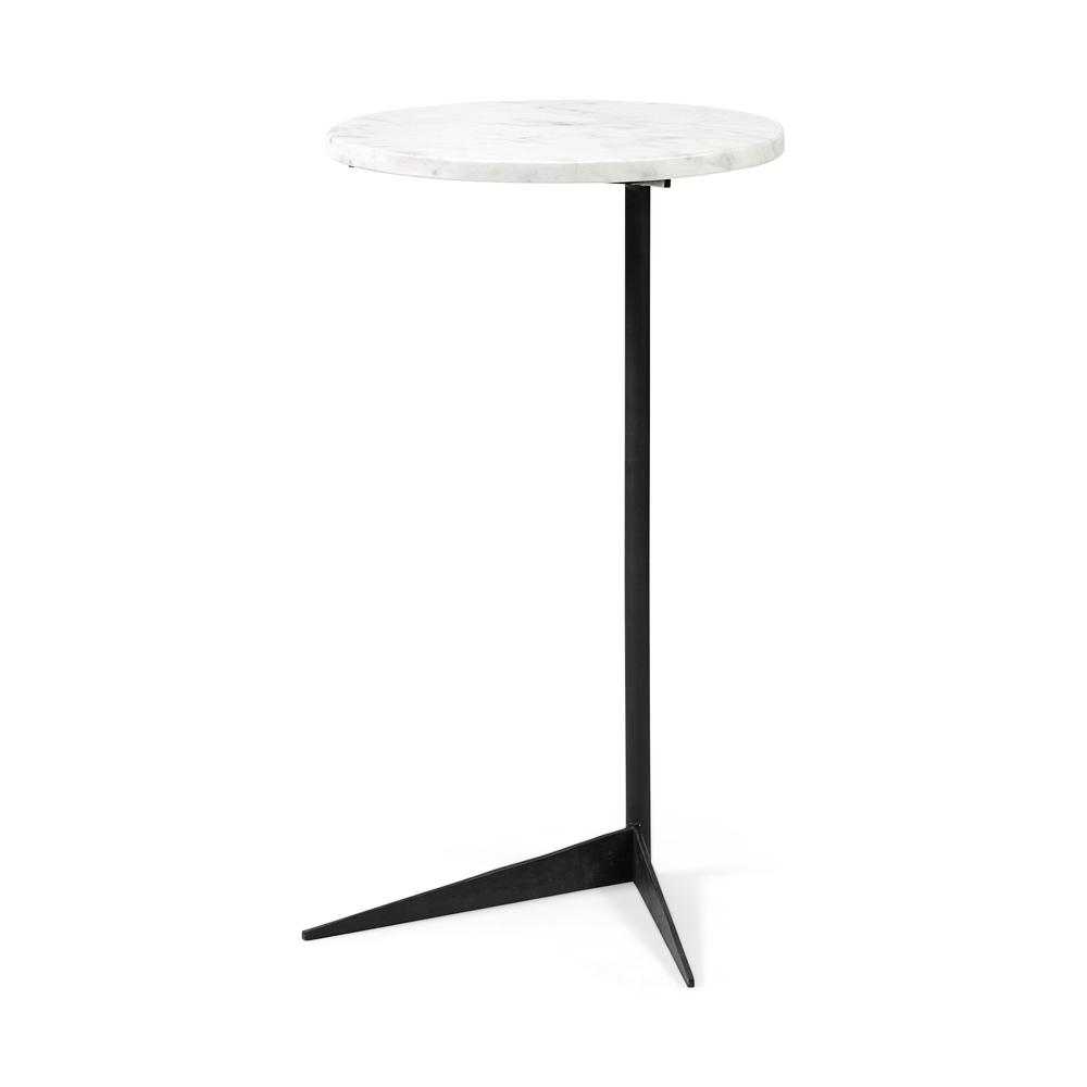 White Marble Round Top Accent Table with Black Iron Base - 380695. Picture 1