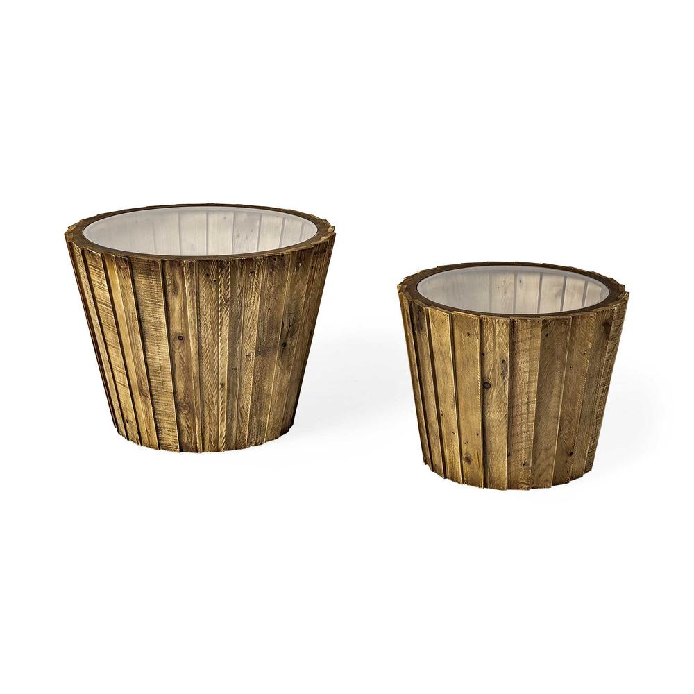 Set of 2 Light Brown Wood Accent Tables with Glass Round Top - 380707. Picture 1