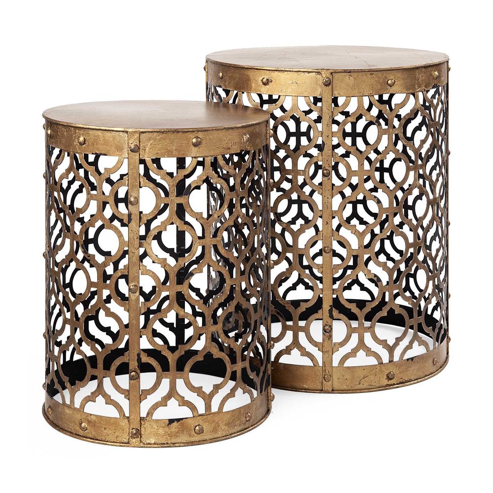 Set of 2 Cylindrical Gold Metal Accent Tables - 380708. Picture 1