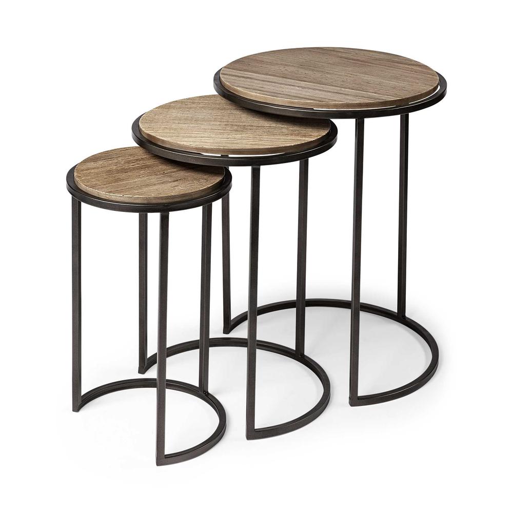 Set of 3 Brown Wood Round Top Accent Tables with Iron Nesting - 380715. Picture 1