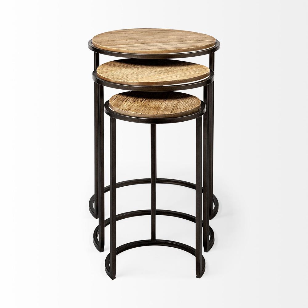 Set of 3 Brown Wood Round Top Accent Tables with Iron Nesting - 380715. Picture 2
