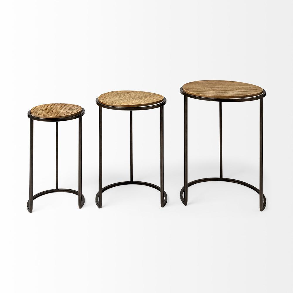 Set of 3 Brown Wood Round Top Accent Tables with Iron Nesting - 380715. Picture 4