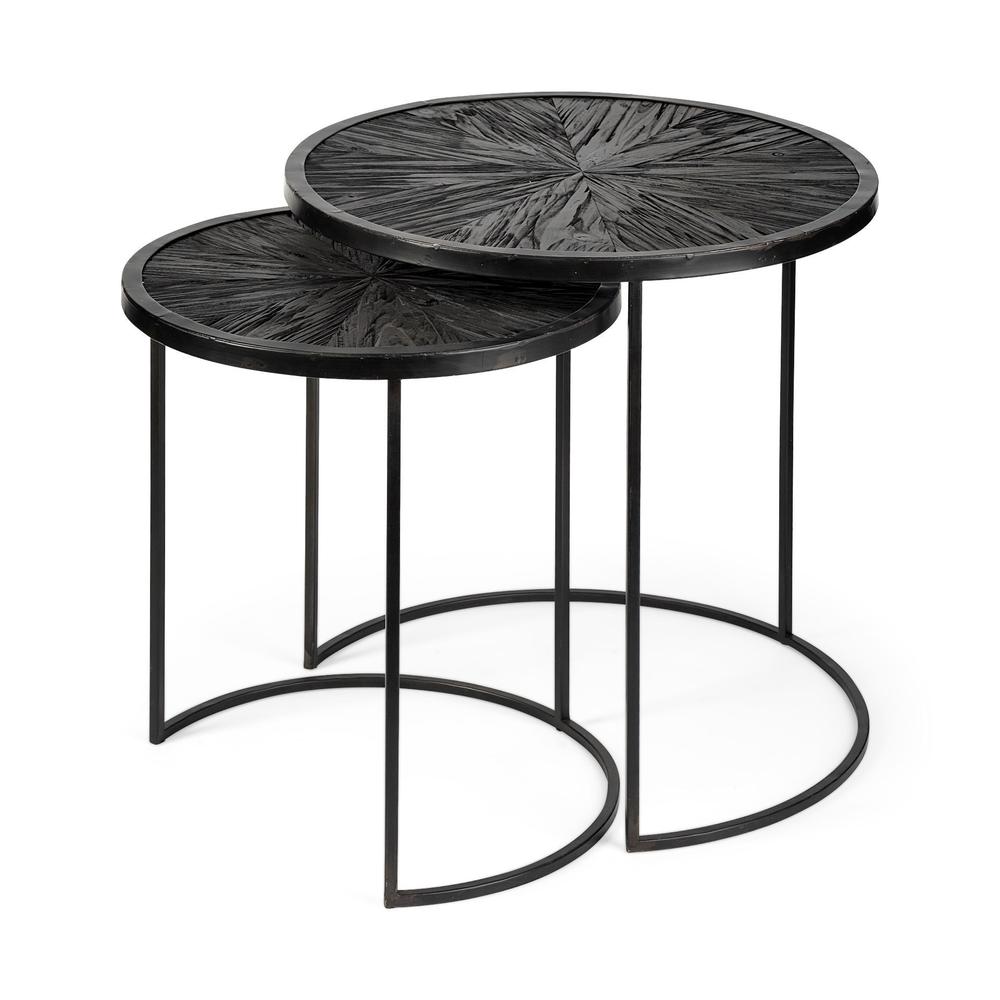 Set of 2 Dark Wood Round Top Accent Tables with Black Iron Frame - 380716. Picture 1