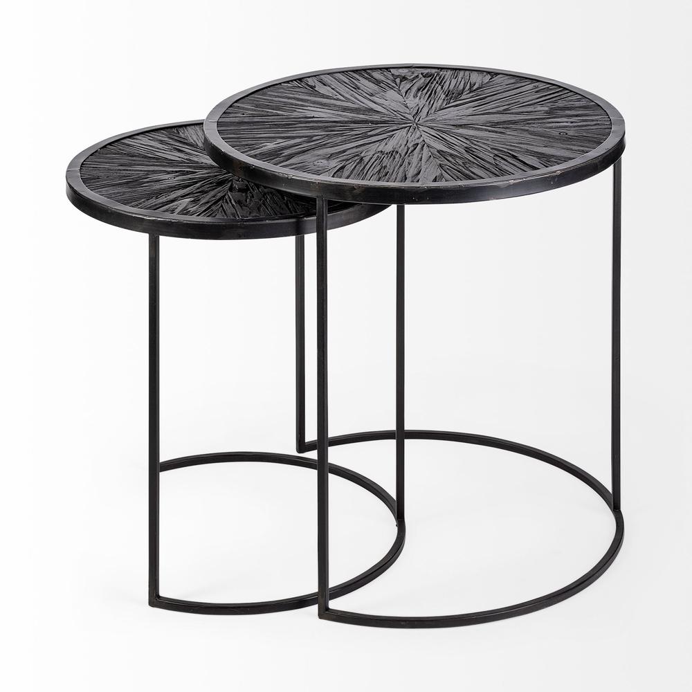 Set of 2 Dark Wood Round Top Accent Tables with Black Iron Frame - 380716. Picture 2