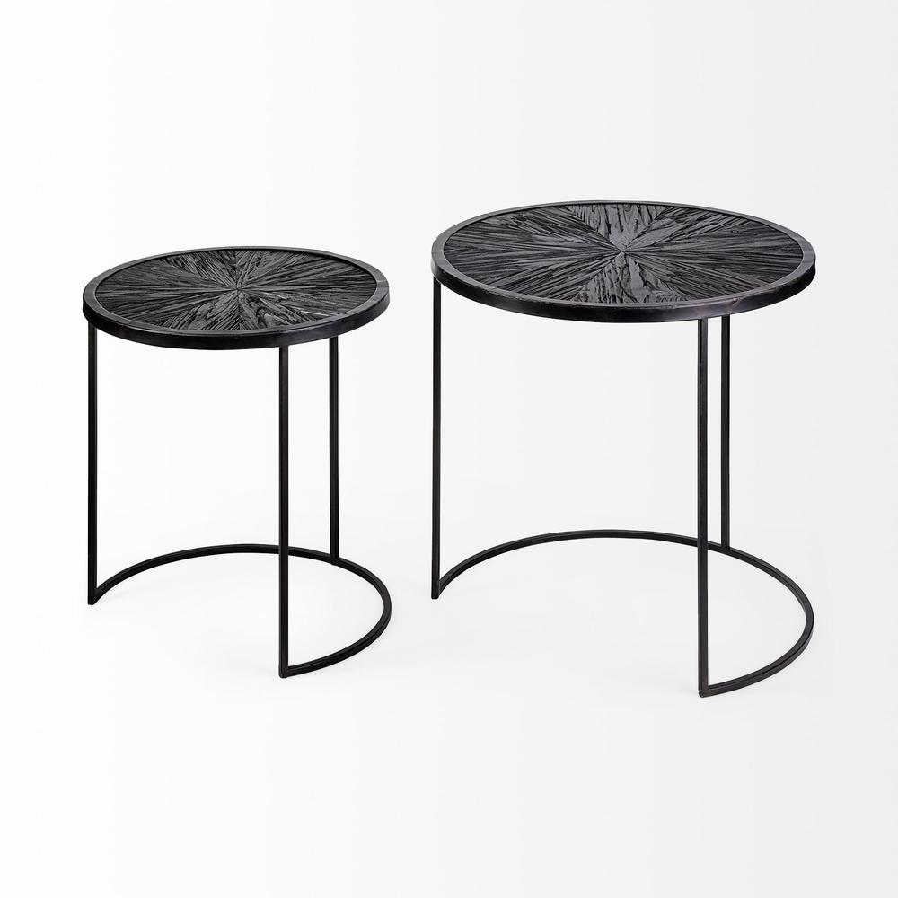 Set of 2 Dark Wood Round Top Accent Tables with Black Iron Frame - 380716. Picture 3