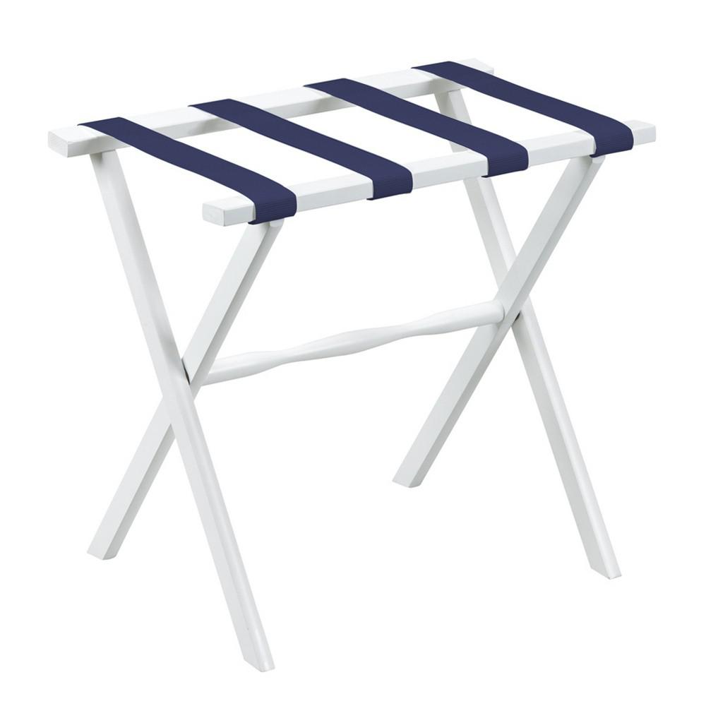 Hotel White Finish Wood Folding Luggage Rack with Navy Straps. Picture 1