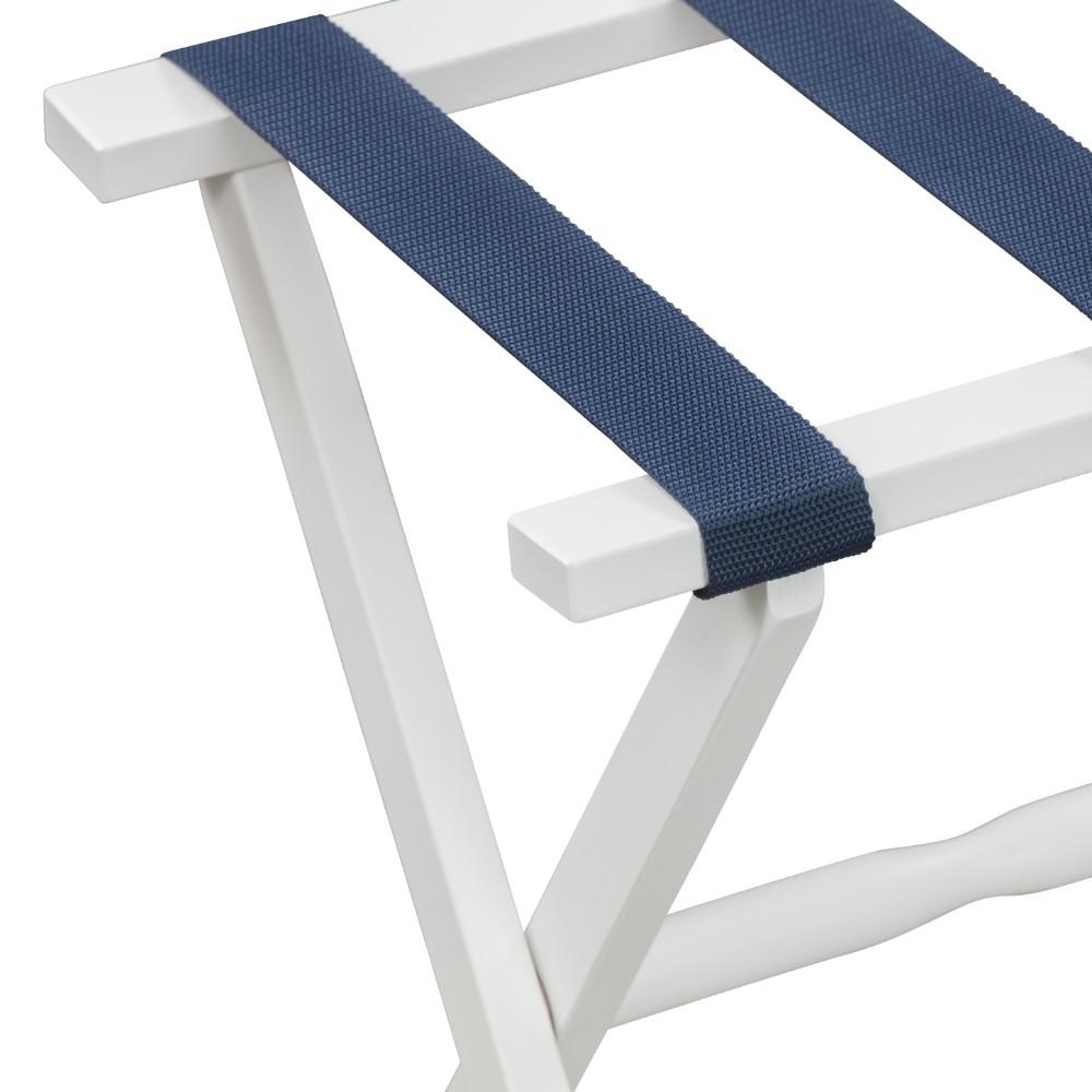 Hotel White Finish Wood Folding Luggage Rack with Navy Straps. Picture 2