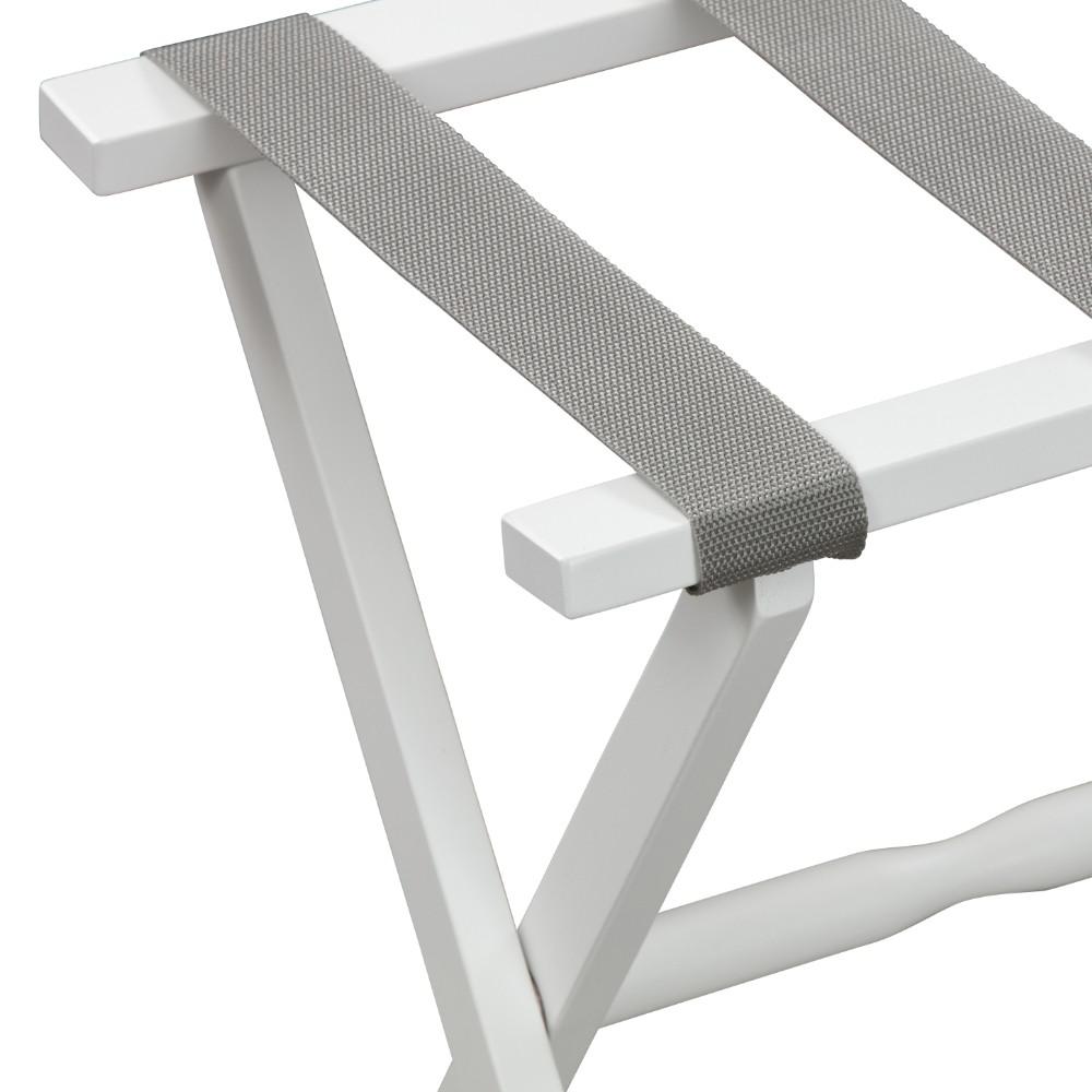 Hotel White Finish Wood Folding Luggage Rack with Gray Straps. Picture 2