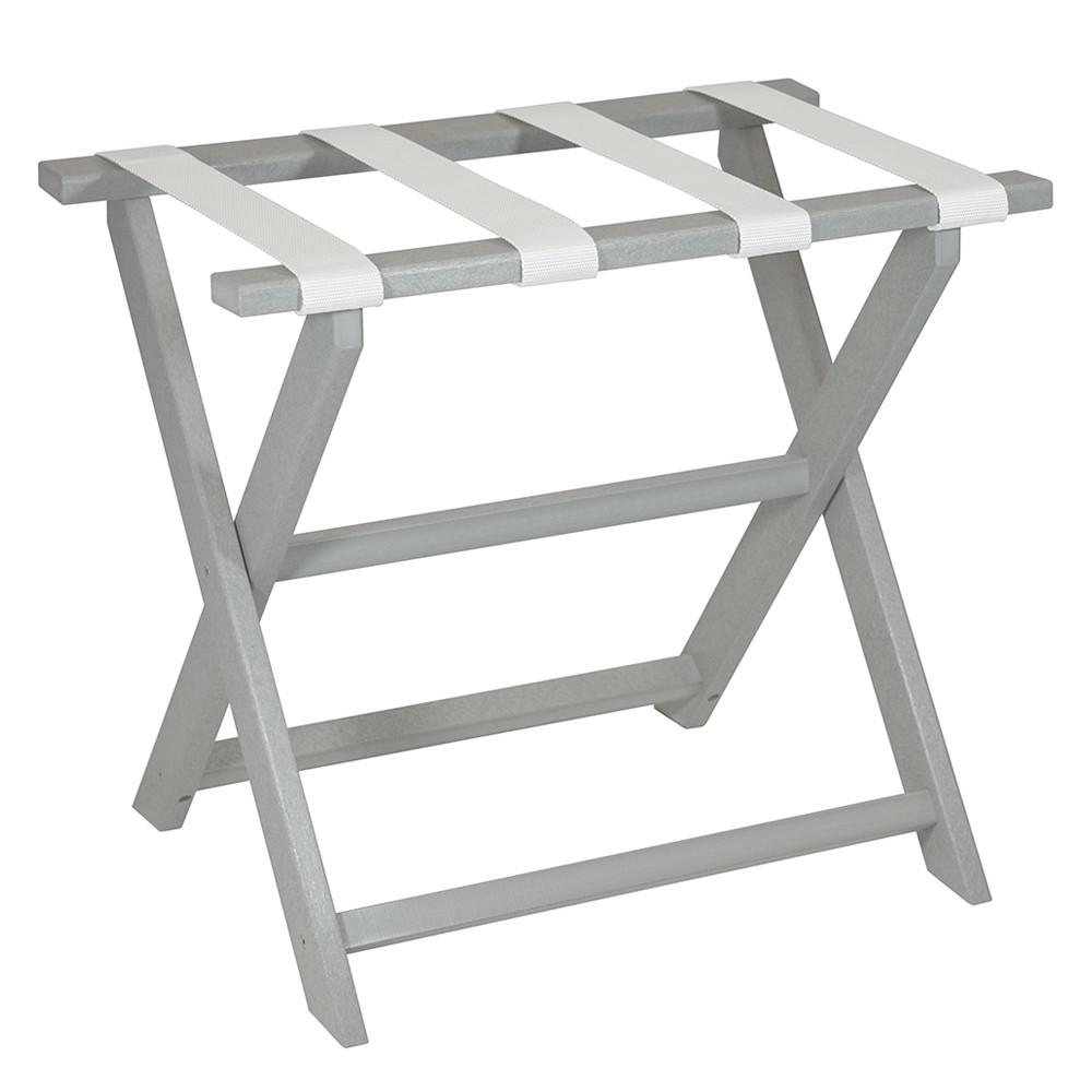 Earth Friendly Light Gray Folding Luggage Rack with White Straps. Picture 1