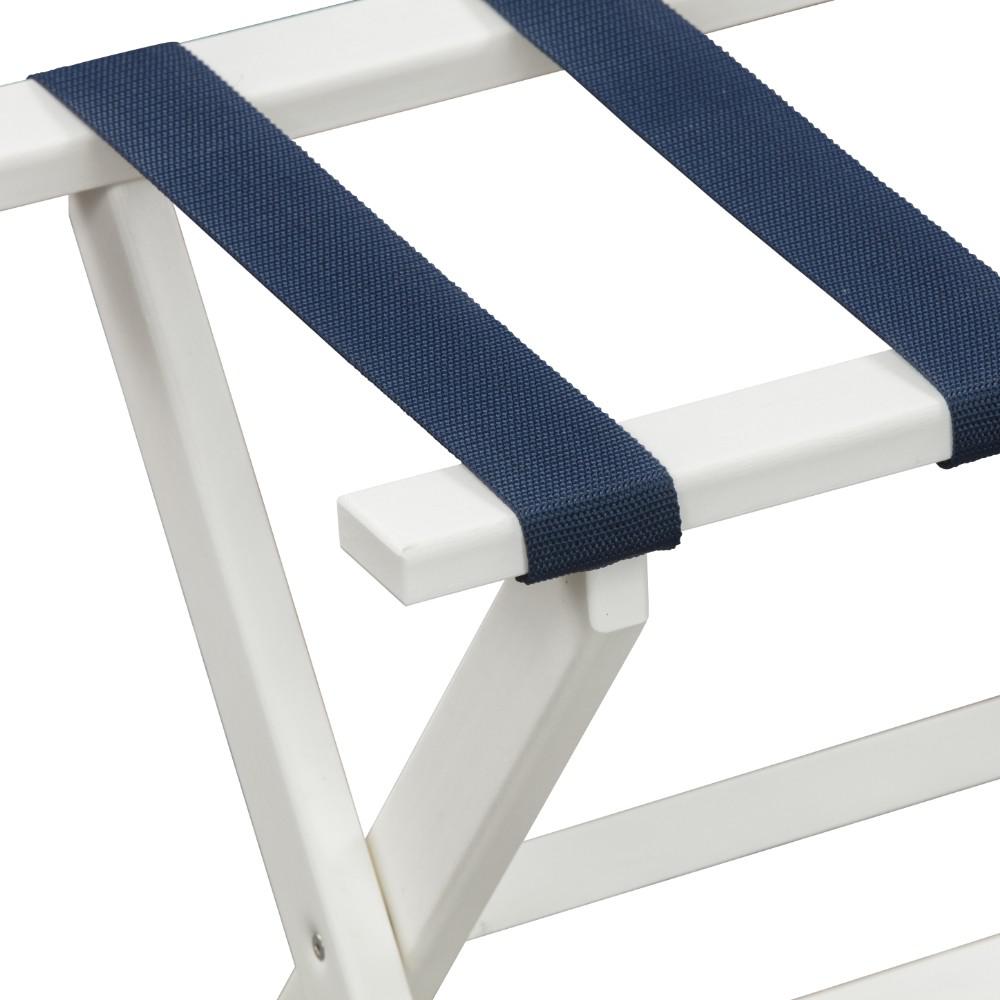 Earth Friendly White Folding Luggage Rack with Navy Straps. Picture 2