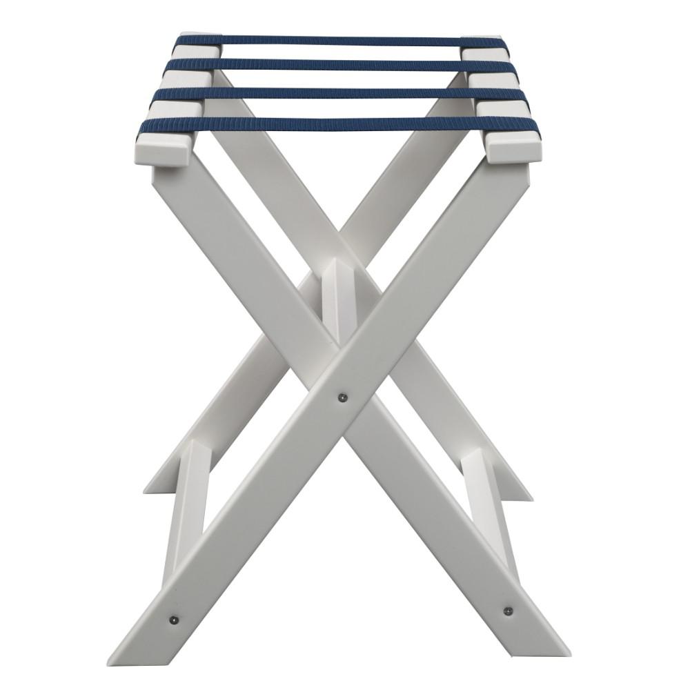 Earth Friendly White Folding Luggage Rack with Navy Straps. Picture 3
