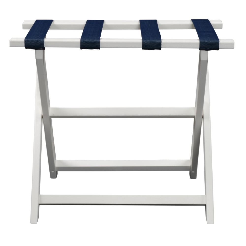 Earth Friendly White Folding Luggage Rack with Navy Straps. Picture 4