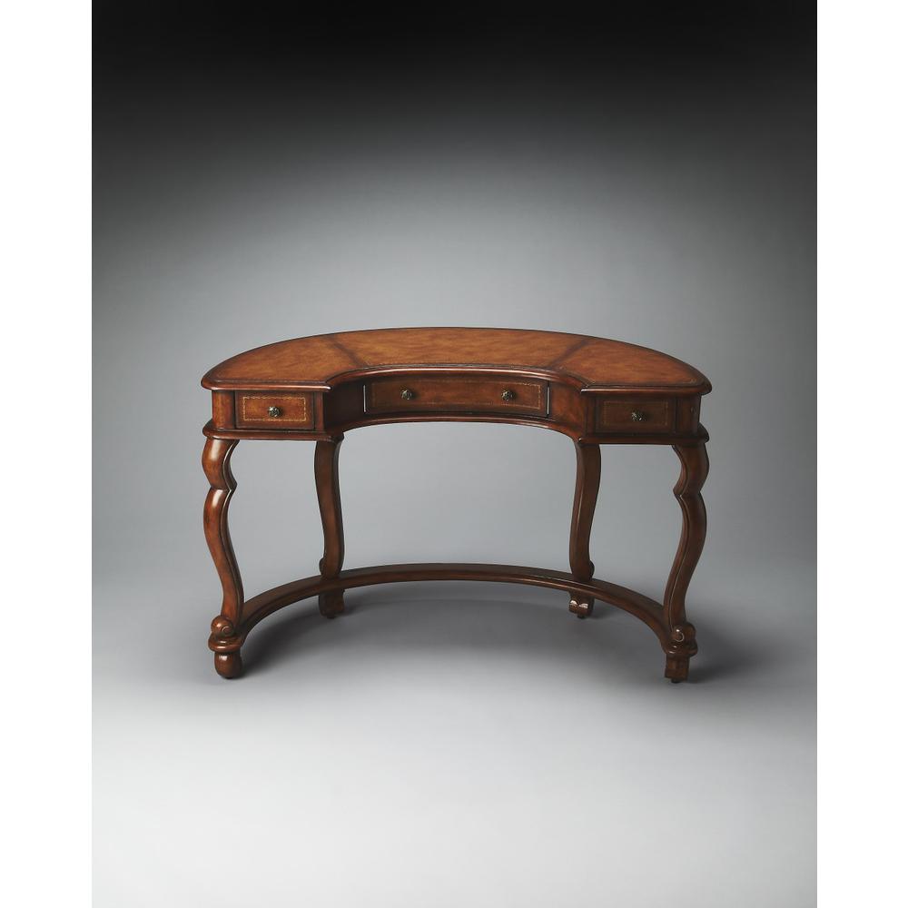 Classic Crescent Shape Leather Top Desk Medium Brown. Picture 6