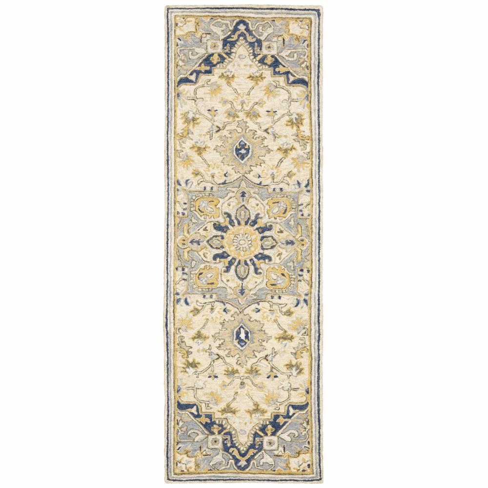 3'x8' Blue and Ivory Bohemian Runner Rug - 383593. Picture 1