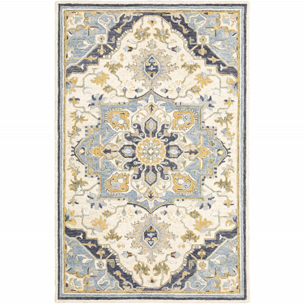 4'x6' Blue and Ivory Bohemian Rug - 383594. Picture 1