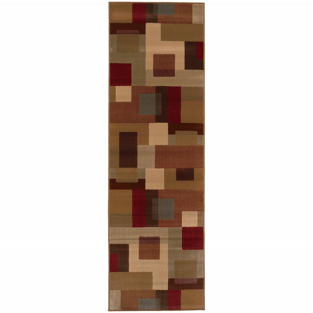 3'x8' Red and Tan Geometric Runner Rug - 383619. The main picture.