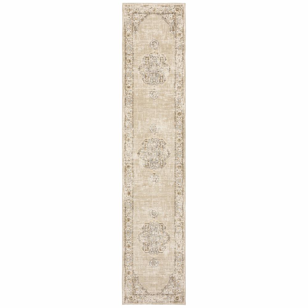 3'x12' Beige and Ivory Center Jewel Runner Rug - 383638. Picture 1
