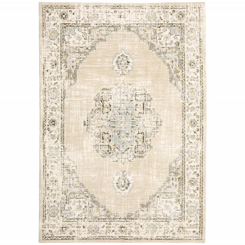 9'x12' Beige and Ivory Center Jewel Area Rug - 383643. Picture 1