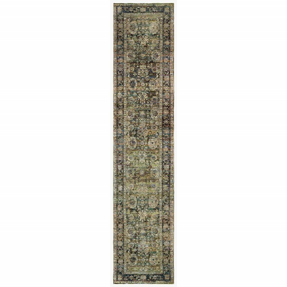 3'x12' Green and Brown Floral Runner Rug - 383647. Picture 1