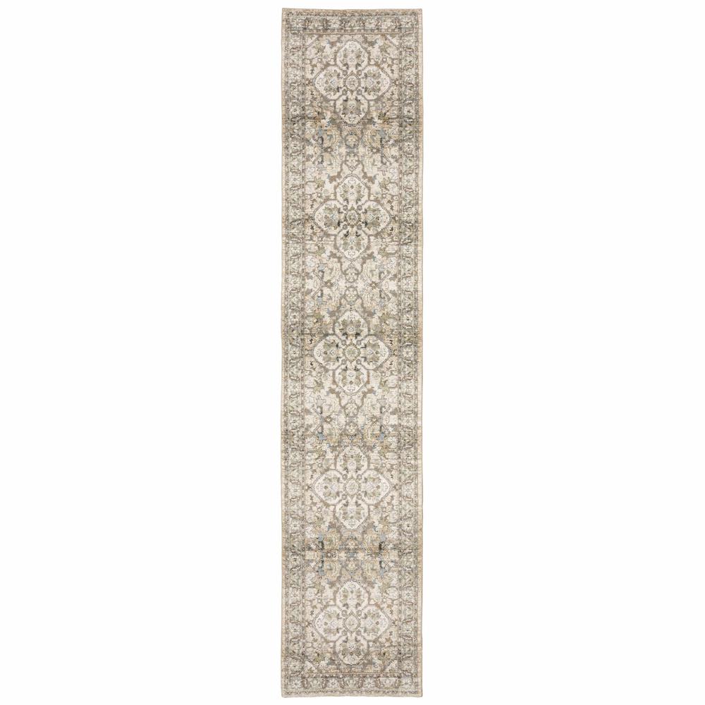 3'x12' Beige and Ivory Medallion Runner Rug - 383657. Picture 1