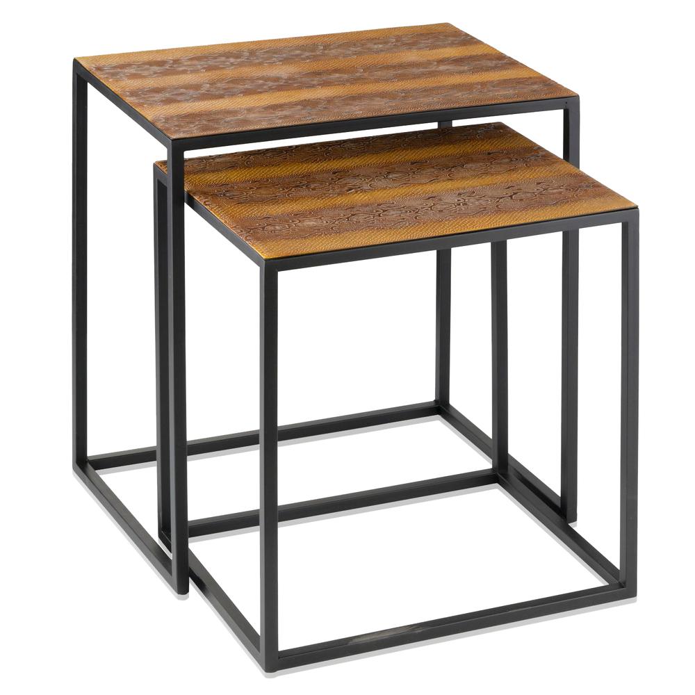 Set Of 2 Rectangular Black Powder Coated Frame and Rattlesnake Faux Leather Top Nesting End Tables. Picture 1