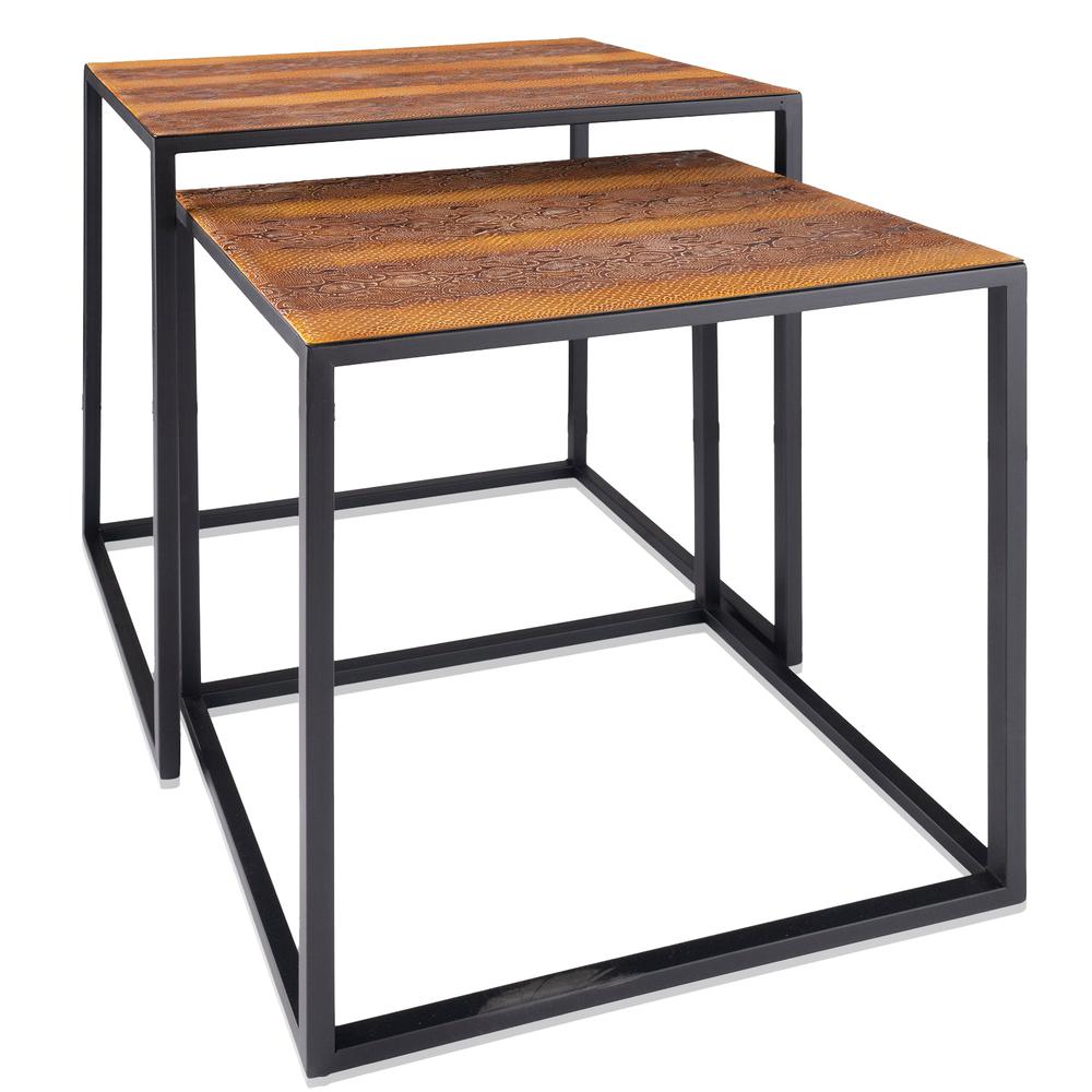 Set Of 2 Rectangular Black Powder Coated Frame and Rattlesnake Faux Leather Top Nesting End Tables. Picture 2