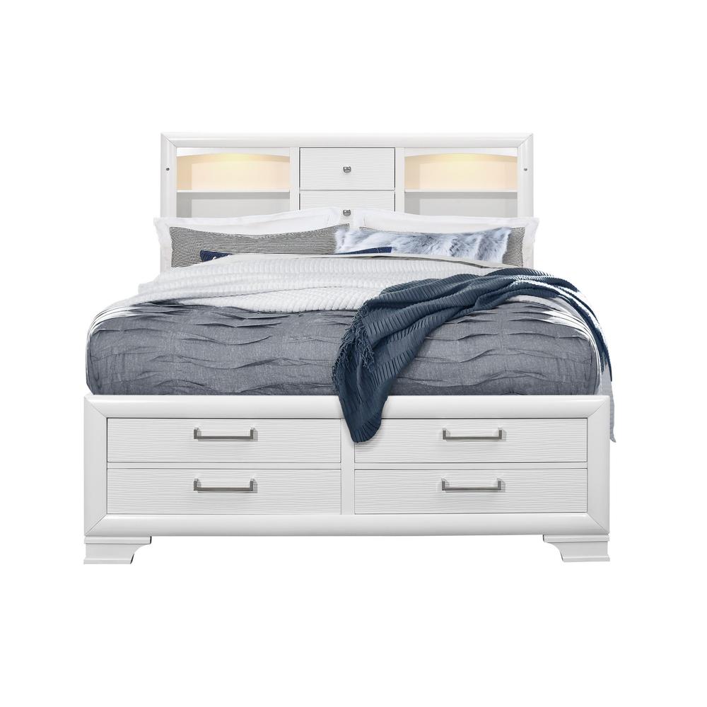 White Rubberwood King Bed with bookshelves Headboard  LED lightning  6 Drawers - 383795. Picture 1