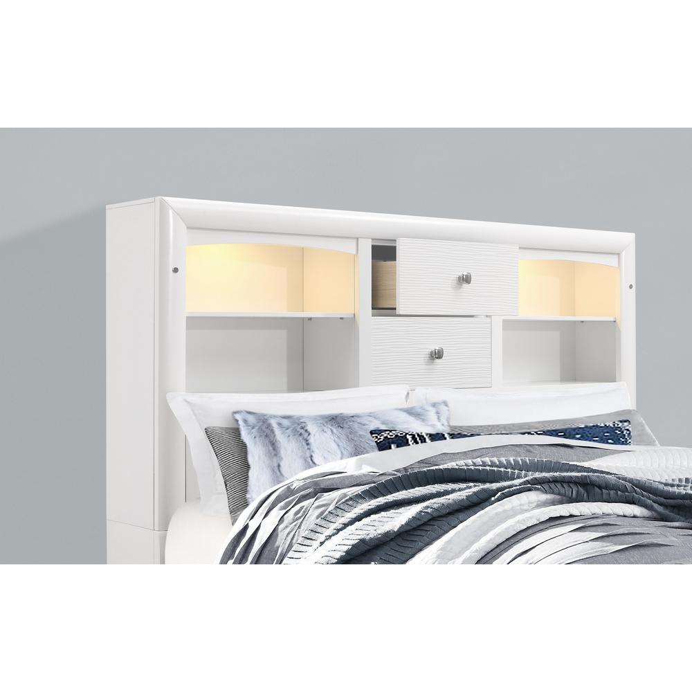 White Rubberwood King Bed with bookshelves Headboard  LED lightning  6 Drawers - 383795. Picture 4