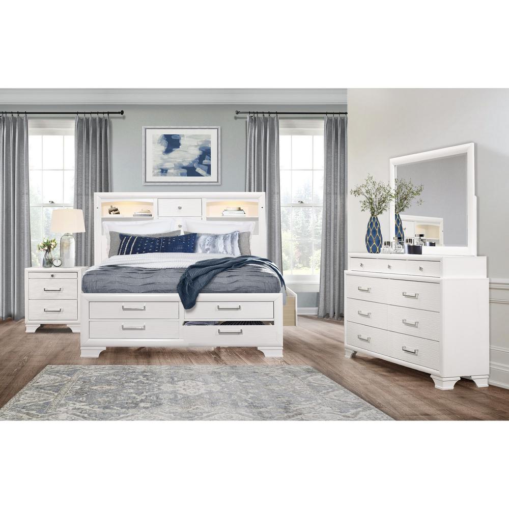 White Rubberwood King Bed with bookshelves Headboard  LED lightning  6 Drawers - 383795. Picture 5