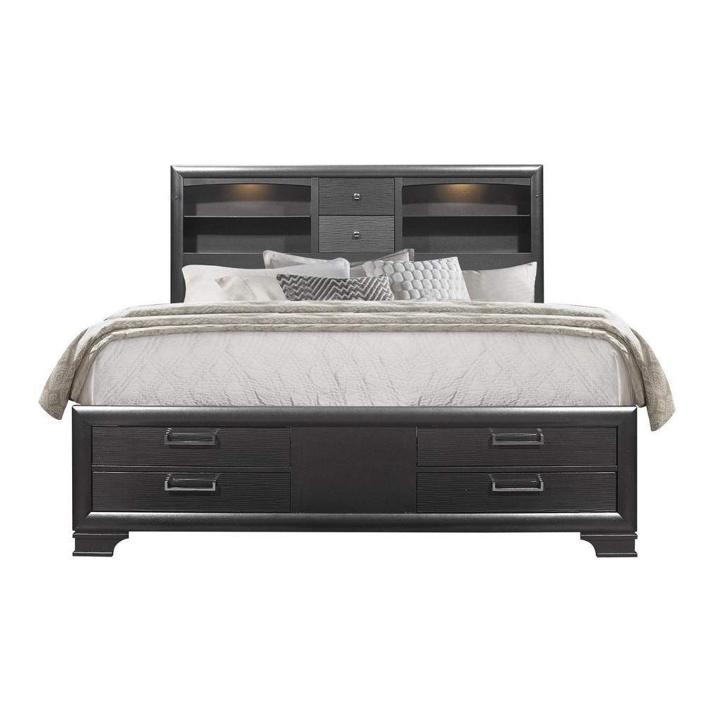 Grey Rubberwood Bed with bookshelves Headboard  LED lightning  6 Drawers - 383797. Picture 1