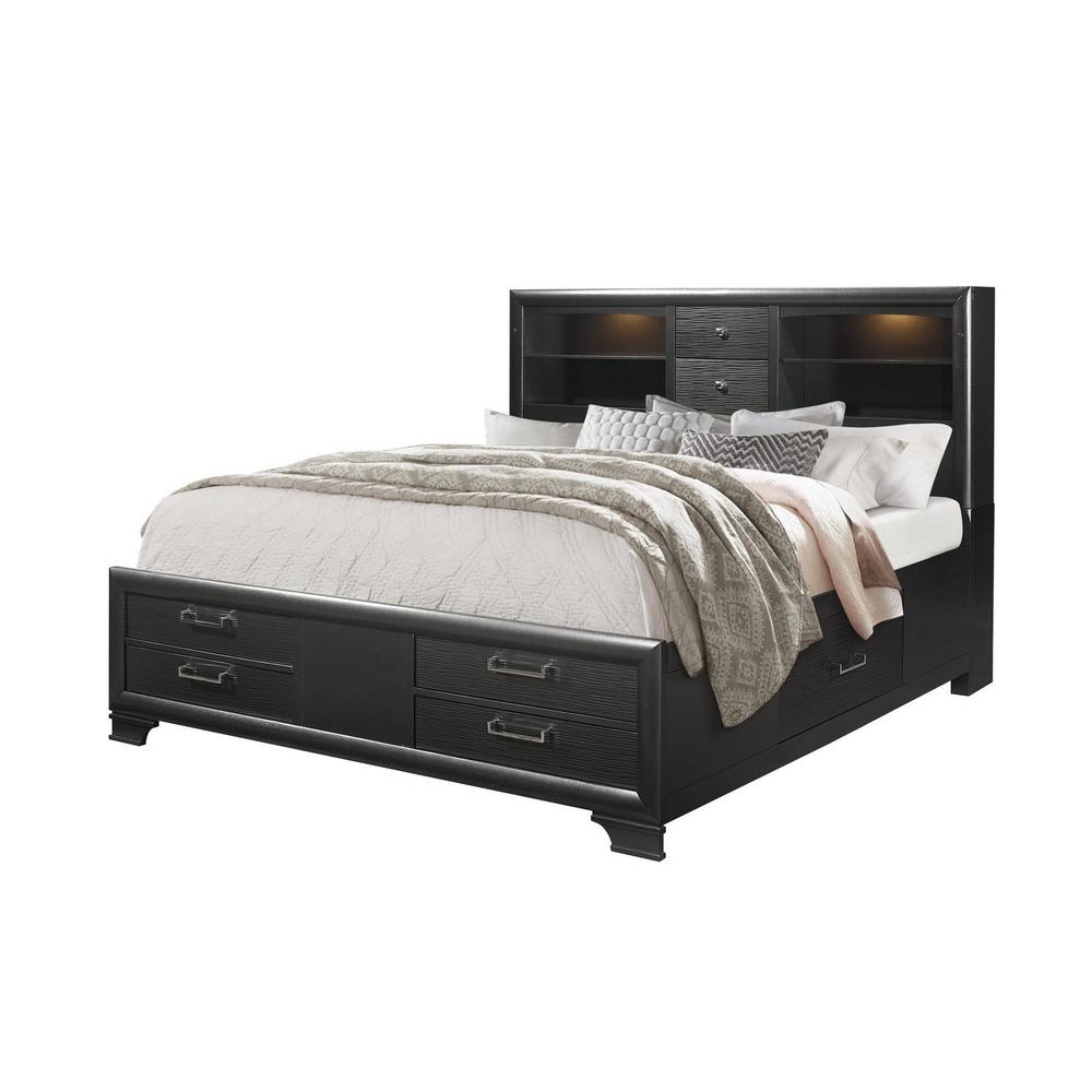 Grey Rubberwood Bed with bookshelves Headboard  LED lightning  6 Drawers - 383797. Picture 2