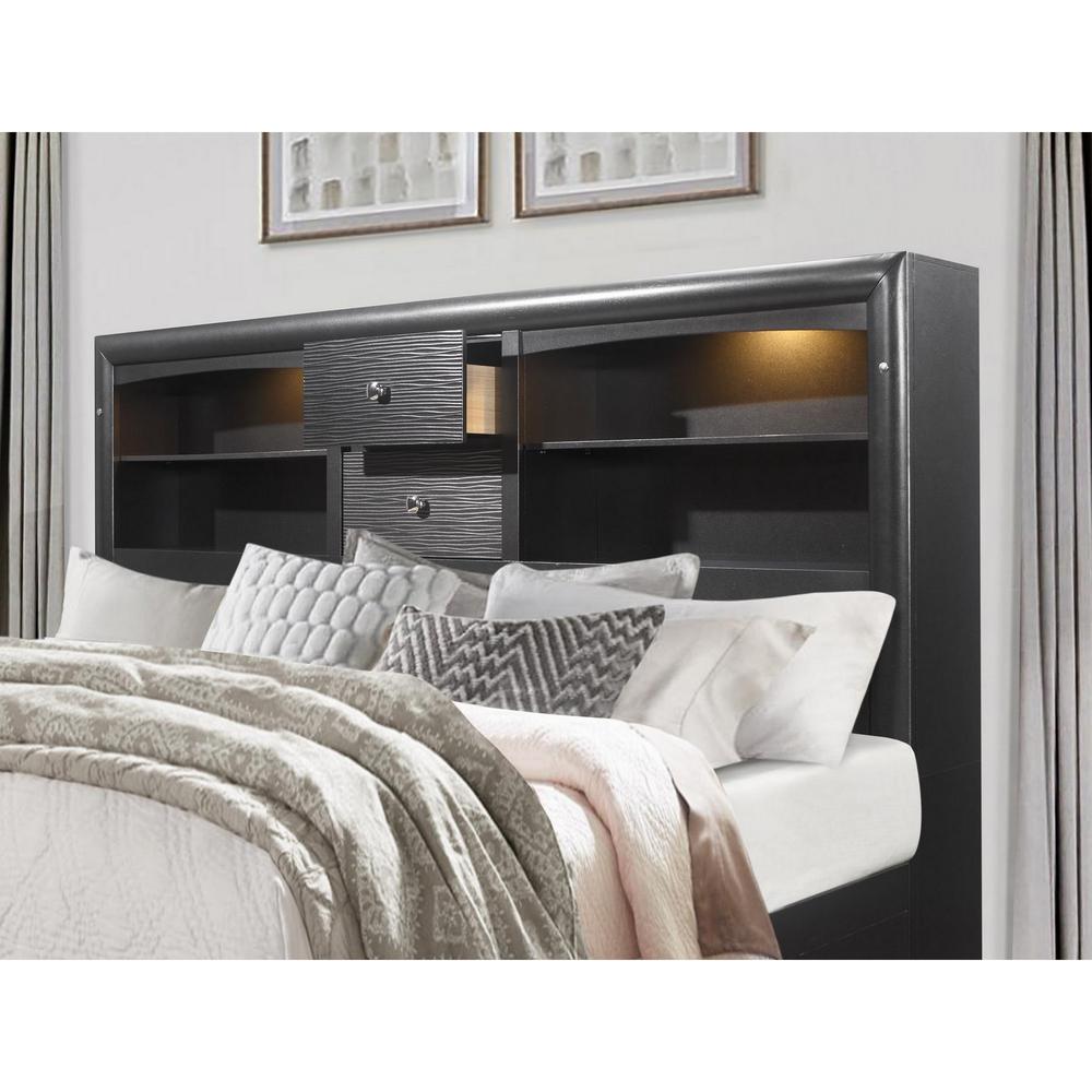Grey Rubberwood Bed with bookshelves Headboard  LED lightning  6 Drawers - 383797. Picture 3