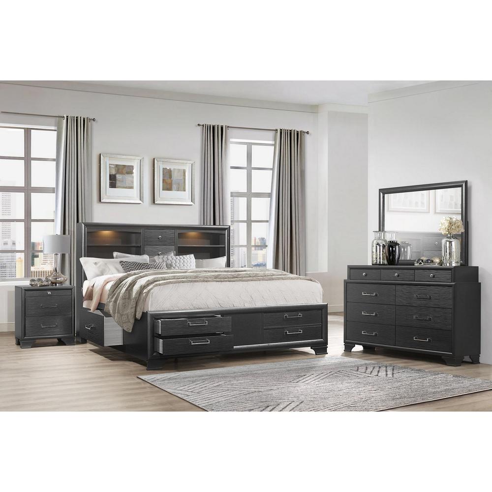 Grey Rubberwood Bed with bookshelves Headboard  LED lightning  6 Drawers - 383797. Picture 5