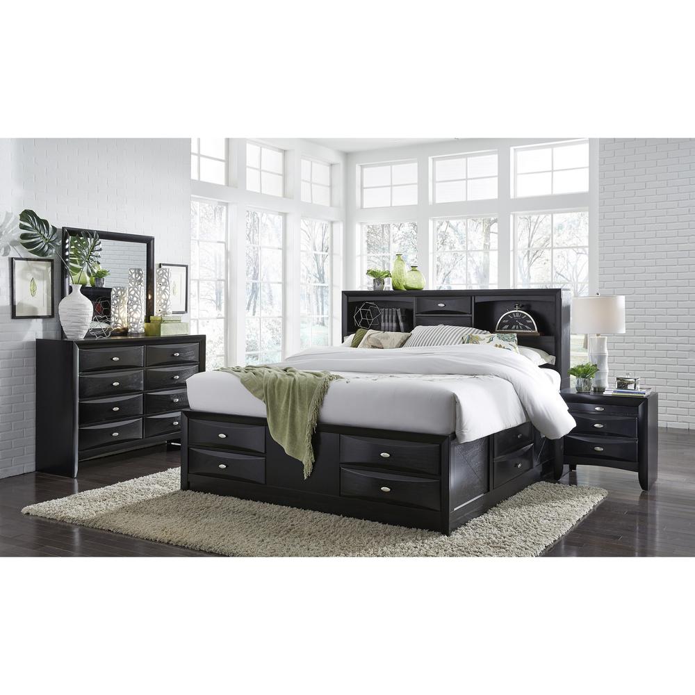 Black Veneer Queen Bed with bookcase headboard  10 drawers - 383802. Picture 3